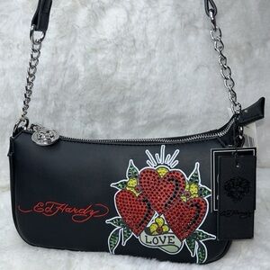 Ed Hardy Black and Red Shoulder Bag with Tattoo Design